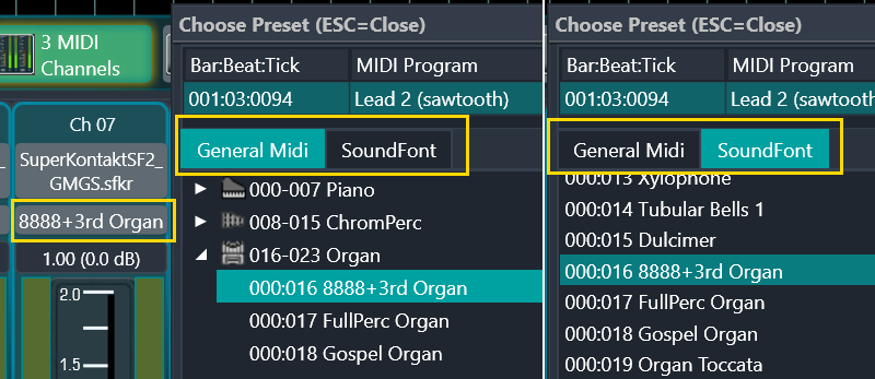 Choose SoundFont Preset for MIDI channel from tree or list